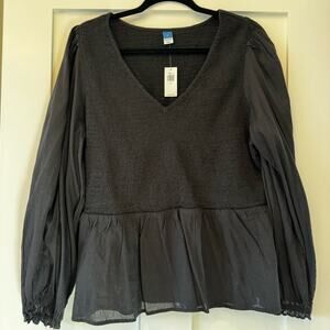 Black Blouse with Peplum Hem Long Sleeve Vneck Old Navy Size XL New